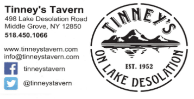 A business card for tinner 's tavern on lake detroit.